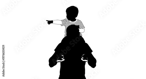 Silhouette of father carrying child on shoulders child pointing forward with excitement symbolizing guidance future