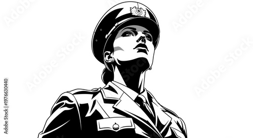 Determined woman officer in uniform with hat looking up with strength and authority stylized black and white