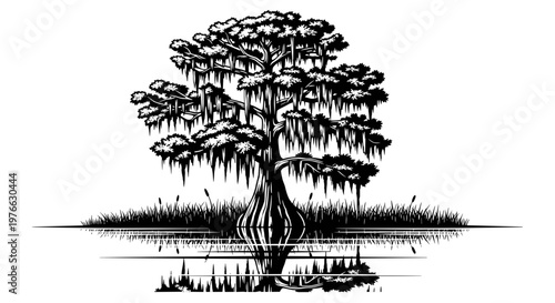 Dramatic black and white illustration of a solitary cypress tree with spanish moss reflected in still water