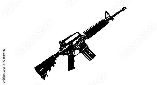 Black silhouette of a modern assault rifle with carrying handle and adjustable stock isolated on a clean white
