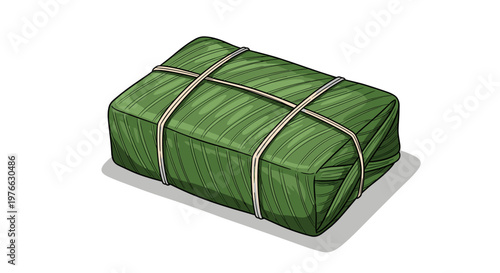 Rectangular food item wrapped in green banana leaves tied with string presented on a white background with subtle
