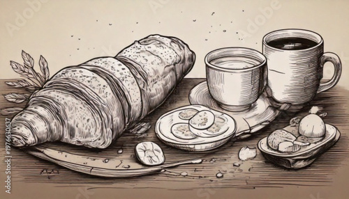 French breakfast with croissant and coffee illustration.