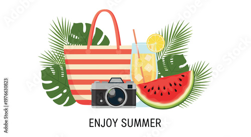 Collection of summer holiday essentials including a beach bag, cocktail glass, watermelon slice, and camera among tropical palm leaves.