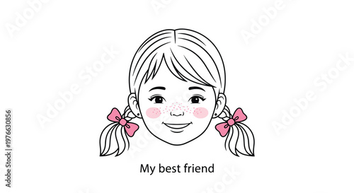 Hand drawn portrait illustration of a smiling young girl with freckles and blonde hair tied in pigtails with cute pink bows.