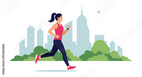 Fit young woman with ponytail jogging in a public park with city skyscrapers in the background during a sunny day.