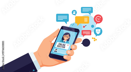 Cartoon illustration of a hand holding a smartphone with an online doctor consultation application and medical icons.