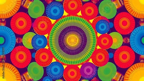 transmutation. Vibrant circular patterns representing drumbeat rhythms in an abstract composition. event programs, museum guides, designed for cultural heritage projects and event programs.