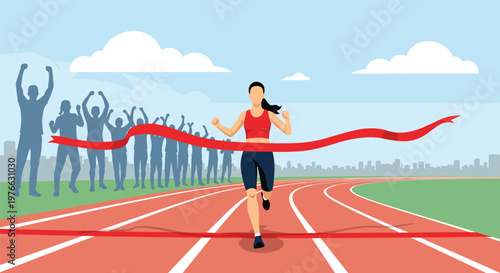 Female athlete winning a marathon race by crossing the red finish line tape with cheering crowds in the background.
