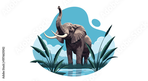 Large african elephant with long tusks standing in tall green grass near water against a blue sky with soft clouds.