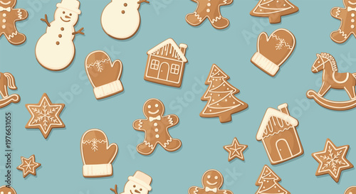 Seamless pattern of various christmas gingerbread cookies like men, houses, stars, and mittens on a light blue background.