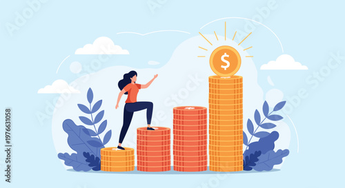 Businesswoman walking up a graph made of stacks of gold coins toward a large dollar sign for financial success.