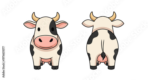 Cartoon illustration showing the front and back view of a cute black and white spotted cow with yellow horns standing on white background.