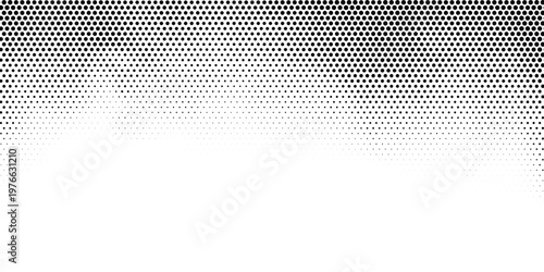 Fading hexagon gradient texture. Vanishing honeycomb pattern background. Geometric hexagonal halftone tech overlay backdrop. Black grunge halfton wallpaper. Vector retro dot texure wallpaper