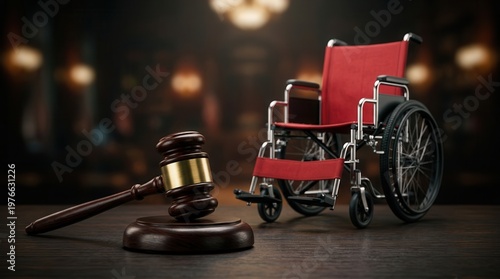 Legal action and disability compensation for an accident victim, symbolized by a gavel and empty wheelchair.