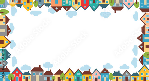 Rectangular frame border made of various small colorful houses and trees with clouds for housing and neighborhood themes.