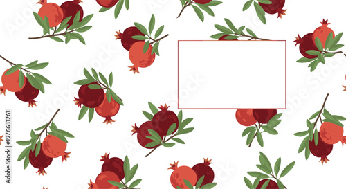 Background design with various ripe pomegranates on branches and a white rectangular frame for text in the center.