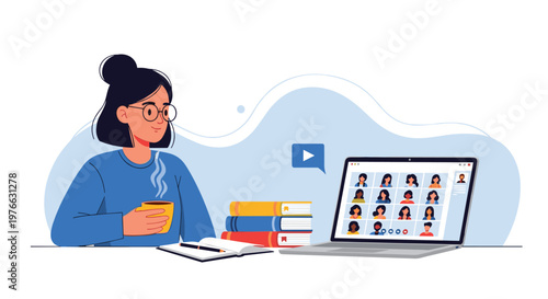 Young woman with glasses drinking coffee and participating in a video conference with multiple participants on a laptop screen.