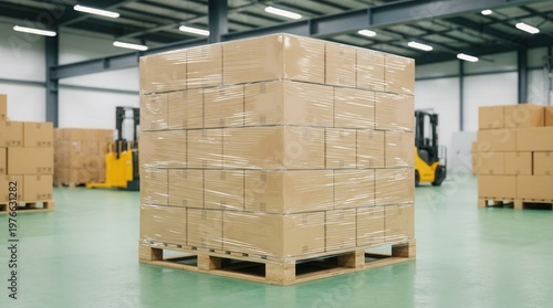 Shipping preparation is underway for stacked cardboard boxes, wrapped in clear stretch film and resting on a wooden pallet in a warehouse.