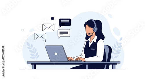 Professional woman wearing a headset and working at a laptop in a call center or customer support service environment.