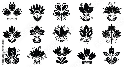 A collection of 14 different black floral designs