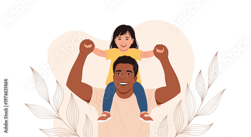 Joyful father carries his young daughter on his shoulders while surrounded by delicate leaf sketches on a warm abstract background.