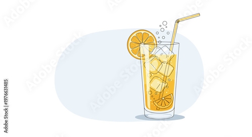 Refreshing glass of orange juice with ice cubes and a striped straw is decorated with citrus slices and sparkling carbonation bubbles.