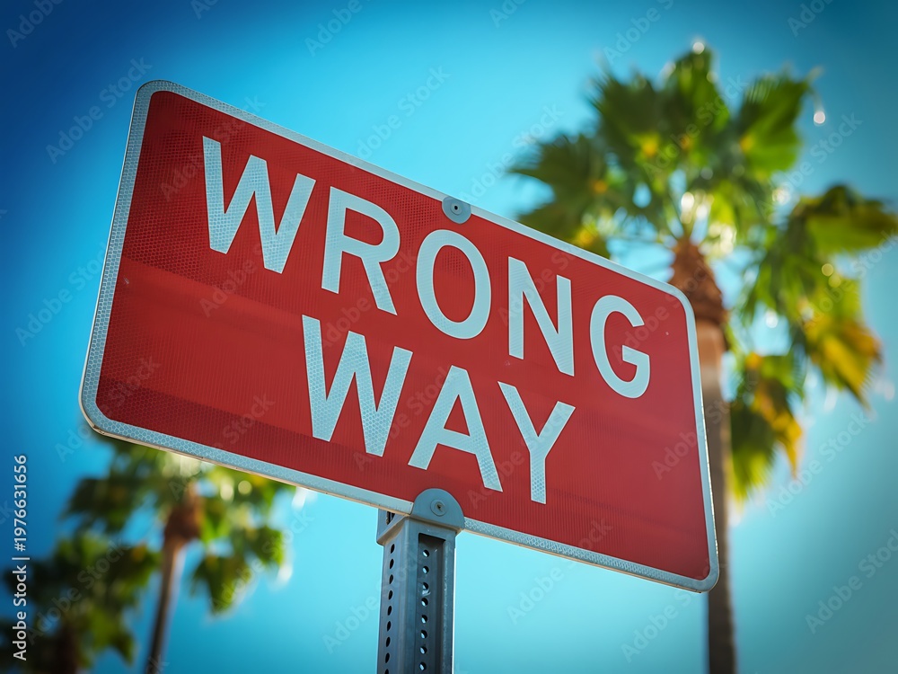 Fototapeta premium Red 'wrong way' sign with palm trees and blue sky road sign traffic sign palm tree direction forbidden