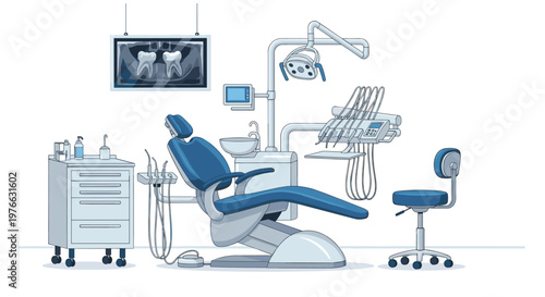 Modern dental office interior features a professional blue treatment chair and various high-tech equipment for oral healthcare services.