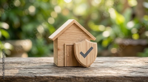 Service assurance and home warranty protection symbolized by a checkmark shield and a wooden house model.