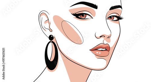 Close-up illustration of a stylish woman's face with bold eyeliner and large black hoop earrings emphasizes modern beauty and fashion.