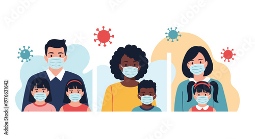 Diverse families including men women and children wear protective medical face masks to ensure safety during a global health pandemic.