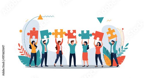 Group of diverse professional people work together to hold up and connect large colorful puzzle pieces representing unity and teamwork.