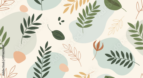 Seamless pattern with delicate leaf branches and organic shapes in soft earthy tones creates a natural and calming wallpaper design.