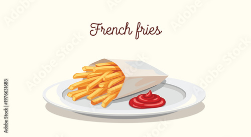 Generous portion of golden french fries in a paper bag is served on a white plate with a side of red tomato ketchup.
