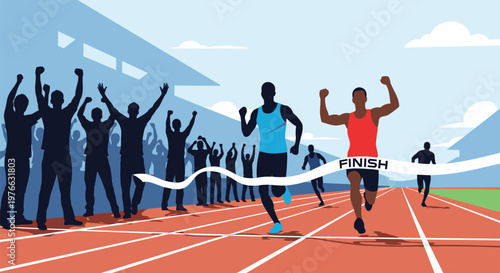 High energy sprint finish at an athletics competition shows runners breaking the ribbon as a crowd of silhouettes cheers in the background.