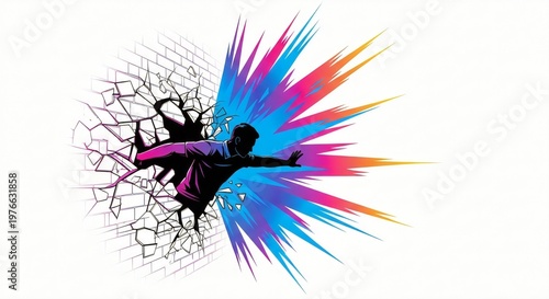 Modern Digital Life Concept Man Breaking Through Brick Wall
