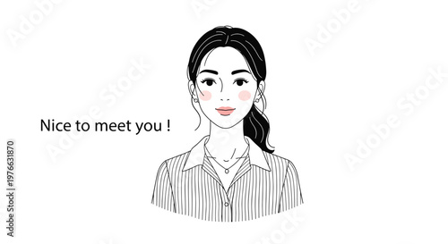 Friendly young woman with dark hair tied back in a ponytail smiles warmly next to the welcoming text nice to meet you.