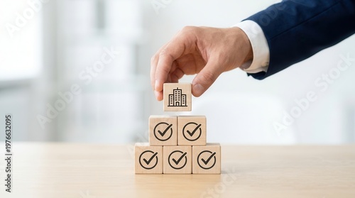 Strategic placement of wooden blocks representing regulation and good governance for business success.