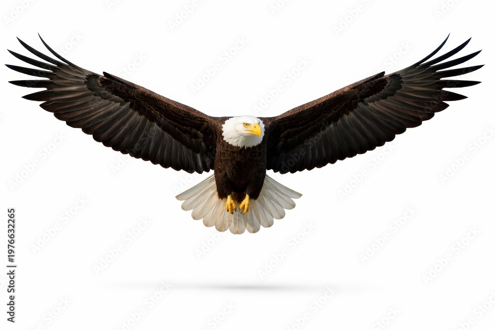 Fototapeta premium Mature bald eagle soaring with fully extended wings in a centered scientific catalog portrait with crisp feather detail