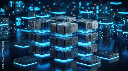 Digital visualization of cloud transfer and database migration, featuring glowing server blocks and interconnected data flow nodes.