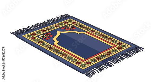 Intricate prayer rug design with vibrant colors and traditional patterns.