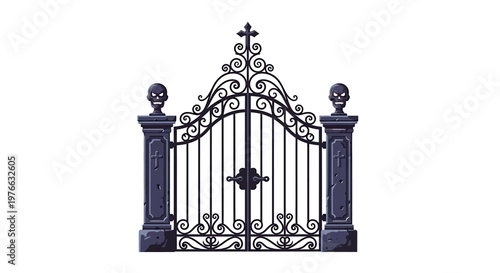 Ornate wrought iron gate with skull accents, gothic architectural design.