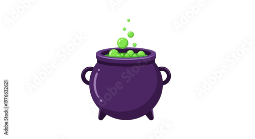 Purple cauldron with bubbling green potion, perfect for Halloween celebrations and magical themes.