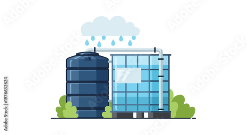 Rainwater harvesting system with storage tanks collecting water from rainfall for sustainable use.