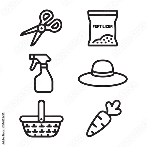Gardening line icon set with 6 elements, garden tools and equipment vector icons, fertilizer bag and pruning shears, harvest basket and carrot