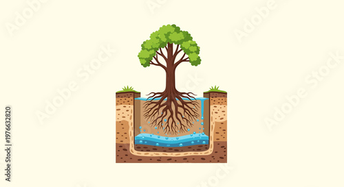 Tree with roots in water, showing the importance of hydration and growth.
