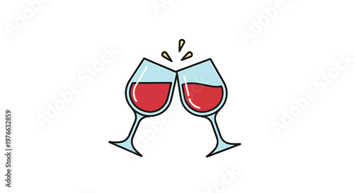 Two wine glasses clinking together with red liquid, celebrating a toast.