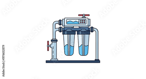 Water filtration system illustration, showing the purification process and water treatment.