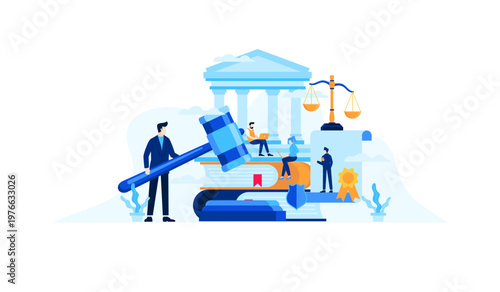 Law and Justice System Concept Vector Illustration with Legal Professionals, Gavel, Scales, Books, and Court Building