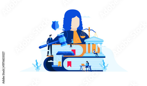 Justice System and Legal Profession Concept featuring a symbolic figure of Law, lawyers, court building, law books, gavel, and scales of justice.